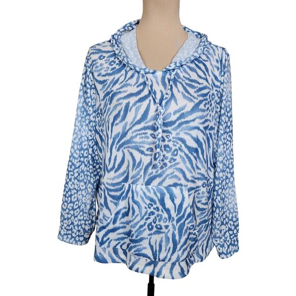 Alfred Dunner PXL Blue White Leopard Cheetah Print Hoodie - Picture 1 of 4